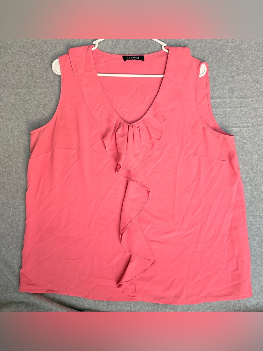 Nine West Womens Coral Pink Sleeveless Ruffle Front V-Neck Blouse Top XL